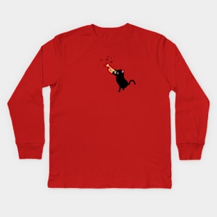 Black cat with trumpet Kids Long Sleeve T-Shirt